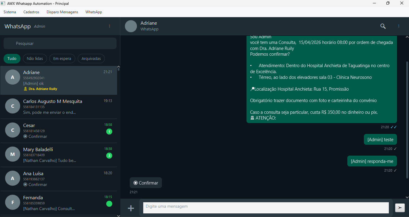 AWX WhatsApp Automation - Tela principal de atendimento